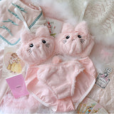 Cute pink plush cat embroidery bra set SS2354