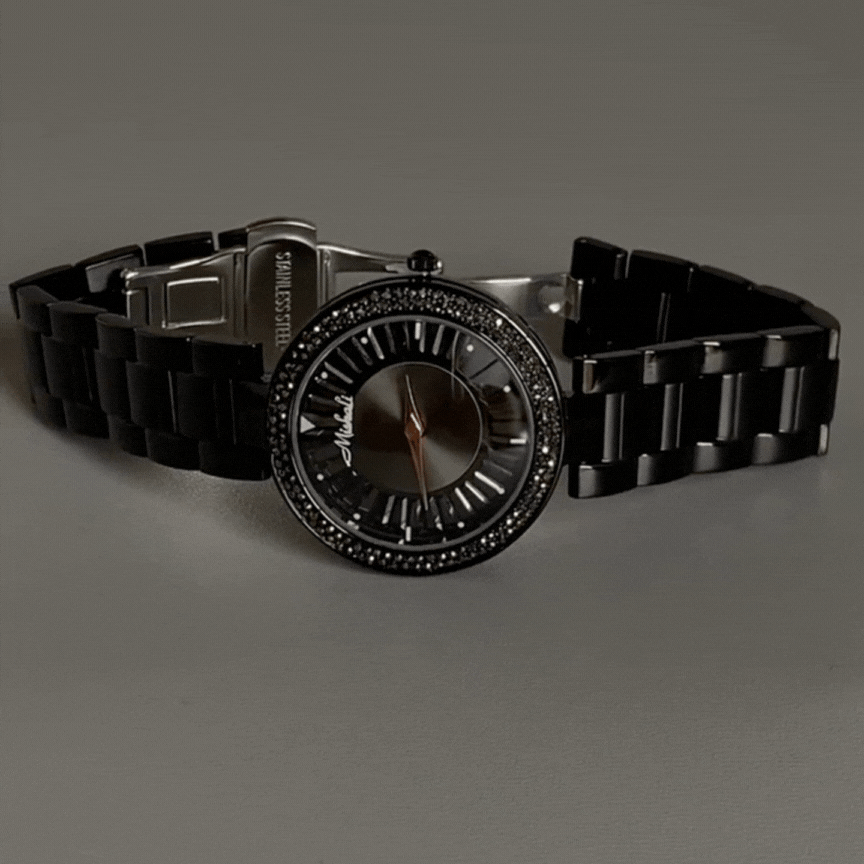 Luxury Black Full-Crystal Rotating Dial Quartz Watch for Men – Steel Bracelet Design